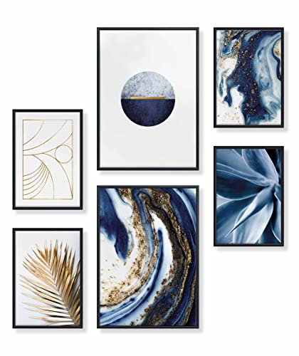 Heimlich® Premium Poster Set mit Bilderrahmen Aluminium Schwarz | 2 x DIN A3 & 4 x DIN A4 - ca. 30x42 & 21x30 | Stilvolle Poster Collagen mit passenden Bilder als Wanddeko » Abstrakt Blau Marrmor « von Heimlich