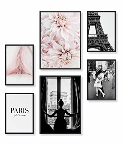 Heimlich® Premium Poster Set mit Bilderrahmen Aluminium Schwarz | 2 x DIN A3 & 4 x DIN A4 - ca. 30x42 & 21x30 | Stilvolle Poster Collagen mit passenden Bilder als Wanddeko » Paris Fashion Blumen « von Heimlich