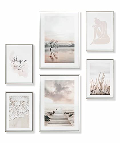 Heimlich® Premium Poster Set mit Bilderrahmen Aluminium Silber | 2 x DIN A3 & 4 x DIN A4 - ca. 30x42 & 21x30 | Stilvolle Poster Collagen mit passenden Bilder als Wanddeko » Strand Meer Baum « von Heimlich