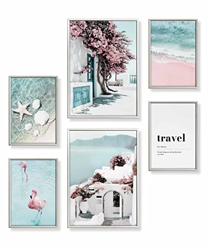 Heimlich® Premium Poster Set mit Bilderrahmen Aluminium Silber | 2 x DIN A3 & 4 x DIN A4 - ca. 30x42 & 21x30 | Stilvolle Poster Collagen mit passenden Bilder als Wanddeko » Strand Pink Flamingo « von Heimlich