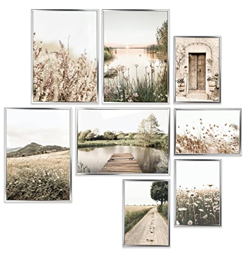 Heimlich® Premium Poster Set mit Bilderrahmen Aluminium Silber | 4 x DIN A3 & 4 x DIN A4 - ca. 30x42 & 21x30 | Stilvolle Poster Collagen mit modernen Bilder als Wanddeko |» Blumen Deko « von Heimlich