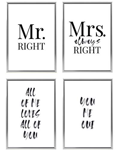 Heimlich® Premium Poster Set mit Bilderrahmen Aluminium Silber | 4 x DIN A4 - ca. 21x30 | Stilvolle Poster Collagen mit passenden Motiven als Wandbilder Wohnzimmer » Mr. & Mrs « von Heimlich