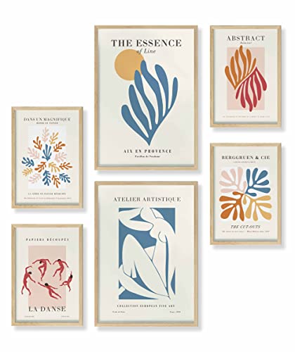 Heimlich® Premium Poster Set mit Bilderrahmen Holz Eiche | 2 x DIN A3 & 4 x DIN A4 - ca. 30x42 & 21x30 | Stilvolle Poster Collagen mit passenden Bilder als Wanddeko » Abstrakt Matisse Modern « von Heimlich