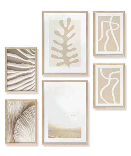 Heimlich® Premium Poster Set mit Bilderrahmen Holz Eiche | 2 x DIN A3 & 4 x DIN A4 - ca. 30x42 & 21x30 | Stilvolle Poster Collagen mit passenden Bilder als Wanddeko » Matisse Line Art Beige « von Heimlich