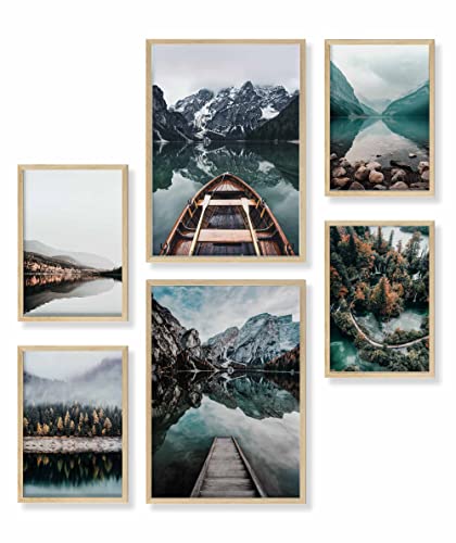 Heimlich® Premium Poster Set mit Bilderrahmen Holz Eiche | 2 x DIN A3 & 4 x DIN A4 - ca. 30x42 & 21x30 | Stilvolle Poster Collagen mit passenden Bilder als Wanddeko » Wald See « von Heimlich