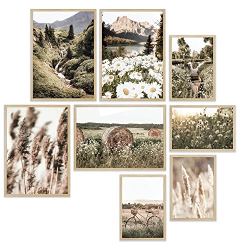Heimlich® Premium Poster Set mit Bilderrahmen Holz Eiche | 4 x DIN A3 & 4 x DIN A4 - ca. 30x42 & 21x30 | Stilvolle Poster Collagen mit modernen Bilder als Wanddeko |» Pampasgras im Frühling « von Heimlich