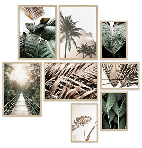 Heimlich® Premium Poster Set mit Bilderrahmen Holz Eiche | 4 x DIN A3 & 4 x DIN A4 - ca. 30x42 & 21x30 | Stilvolle Poster Collagen mit modernen Bilder als Wanddeko |» Pflanzen Reisen « von Heimlich