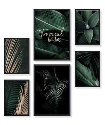 Heimlich® Premium Poster Set mit Bilderrahmen Holz Schwarz | 2 x DIN A3 & 4 x DIN A4 - ca. 30x42 & 21x30 | Stilvolle Poster Collagen mit passenden Bilder als Wanddeko » Gold Grün Agave « von Heimlich