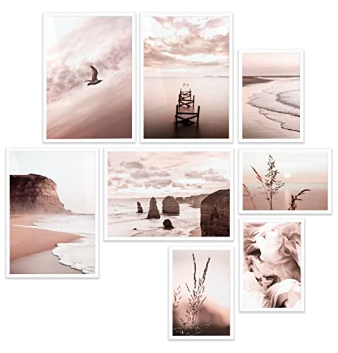 Heimlich® Premium Poster Set mit Bilderrahmen Holz Weiss | 4 x DIN A3 & 4 x DIN A4 - ca. 30x42 & 21x30 | Stilvolle Poster Collagen mit modernen Bilder als Wanddeko |» Rose Gold Beach « von Heimlich