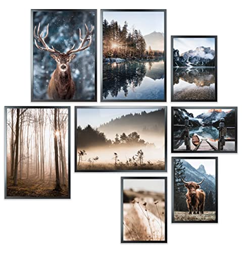 Heimlich® Premium Poster Set mit Bilderrahmen edle FOREVER Holz Schwarz | 4 x DIN A3 & 4 x DIN A4 - ca. 30x42 & 21x30 | Stilvolle Poster Collagen mit modernen Bilder als Wanddeko |Achtsamkeit in Natur von Heimlich