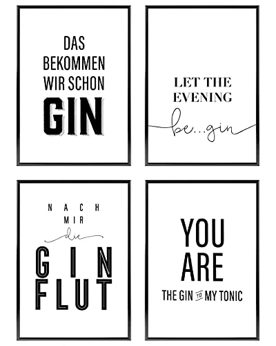 Heimlich® Premium Poster Set OHNE Bilderrahmen | 4 x DIN A3 - ca. 30x42 | Stilvolle Poster Collagen mit passenden Motiven als Wandbilder Wohnzimmer » Gin Lover « von Heimlich