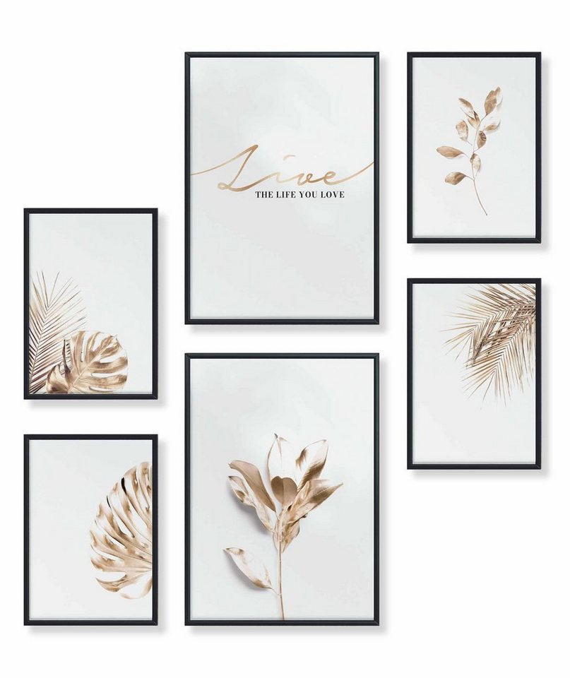 Heimlich Poster Set als Wohnzimmer Deko, Bilder DINA3 & DINA4, Gold Dekor Pflanzen, Pflanzen von Heimlich