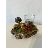 Herbstgesteck Herbstdeko Pilze Teelichtglas Kerze von HeimlichDeko