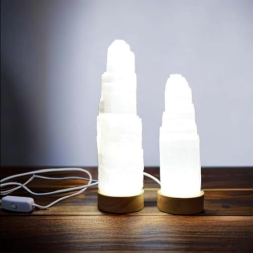 Handgefertigte USB-LED-Weißlicht-Selenit-Kristalllampe mit Holzsockel: Natürliche Energie, Heilung, Klarheit, Meditation, Dekoration (15cm) von Heimtex
