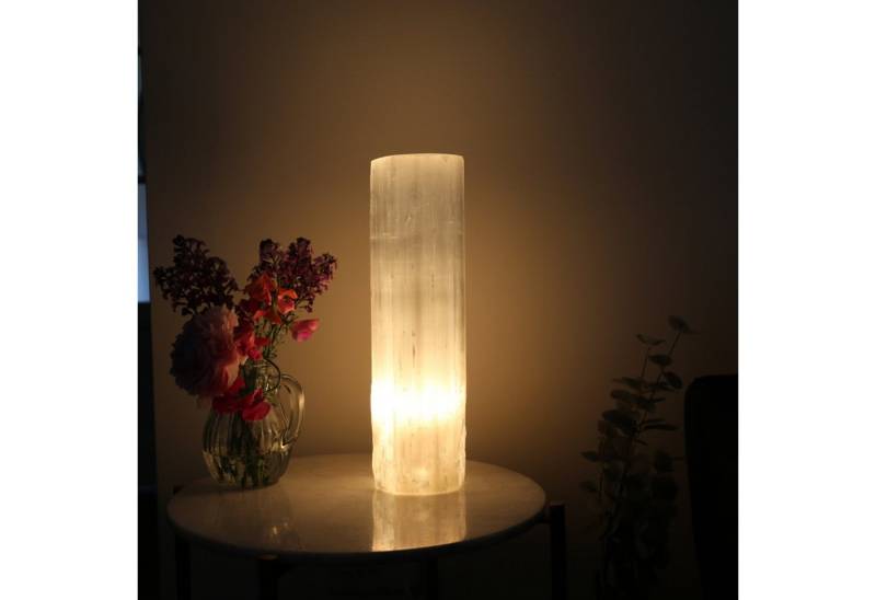Heimtex Salzkristall-Tischlampe Selenit-Zylinderturm Lampe - Marokkanische Kristalldeko von Heimtex