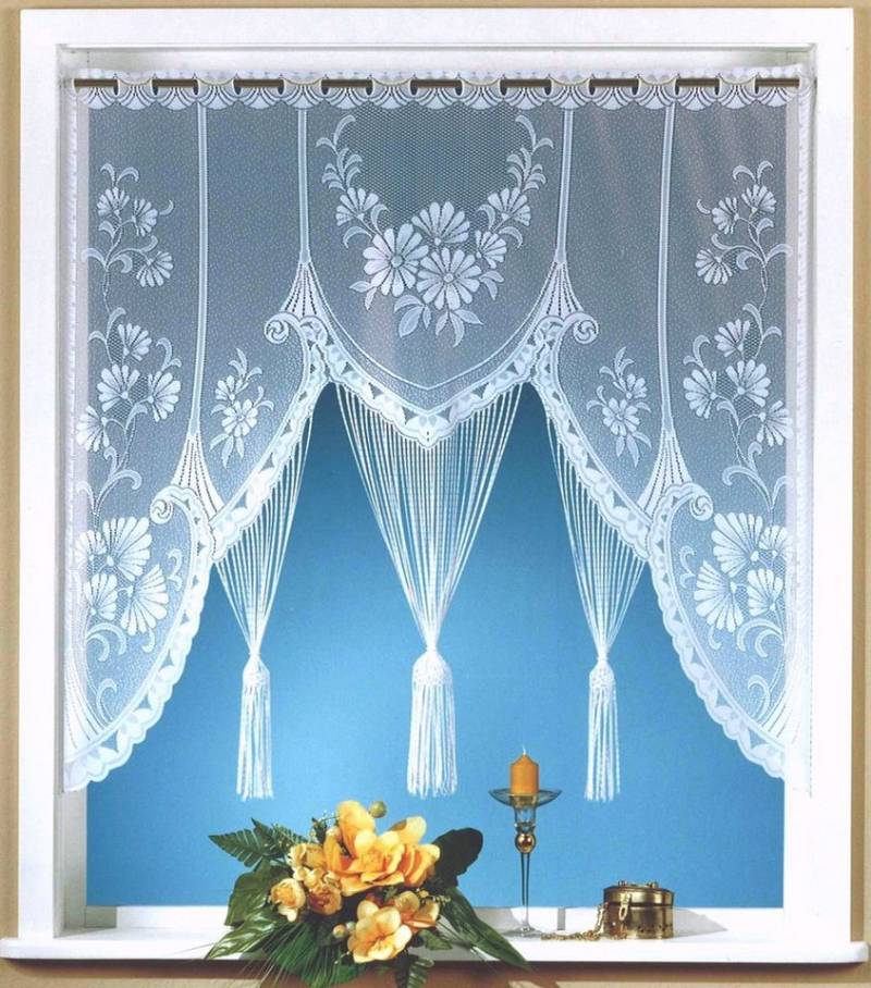 heimtexland Scheibengardine Raffiniertes Fensterbild M-Bogen Jacquard Gardine (1 St), Stangendurchzug, transparent, Jacquard, Fensterdekoration Fadengardine mit gebogter Blumen Bordüre von Heimtexland