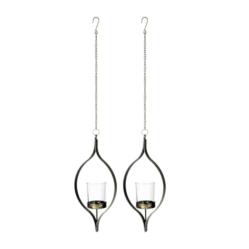 2er Set Hängendes Teelichthalter Metall, 31cm Gesamthöhe, 27cm Dekorahmen, mit Glaseinsatz für Kerzen, Ideal für Wohnzimmerdekoration, Schwarz (Schwarzer) von Heimvita