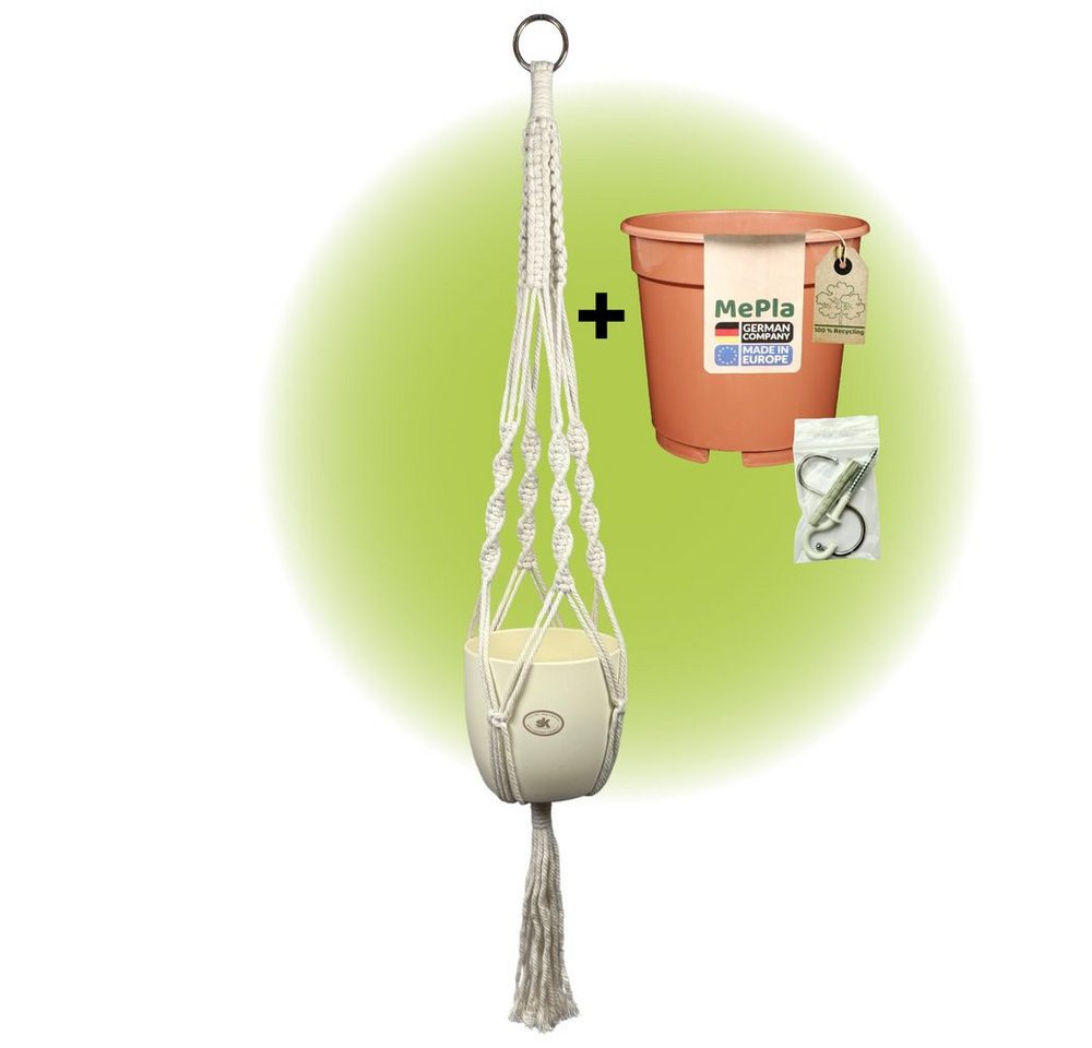 Heimwerkercenter Übertopf MePla Set Ampel Makramee Naturbeige + Basel ø13 Perlmutt + Kulturtopf von Heimwerkercenter