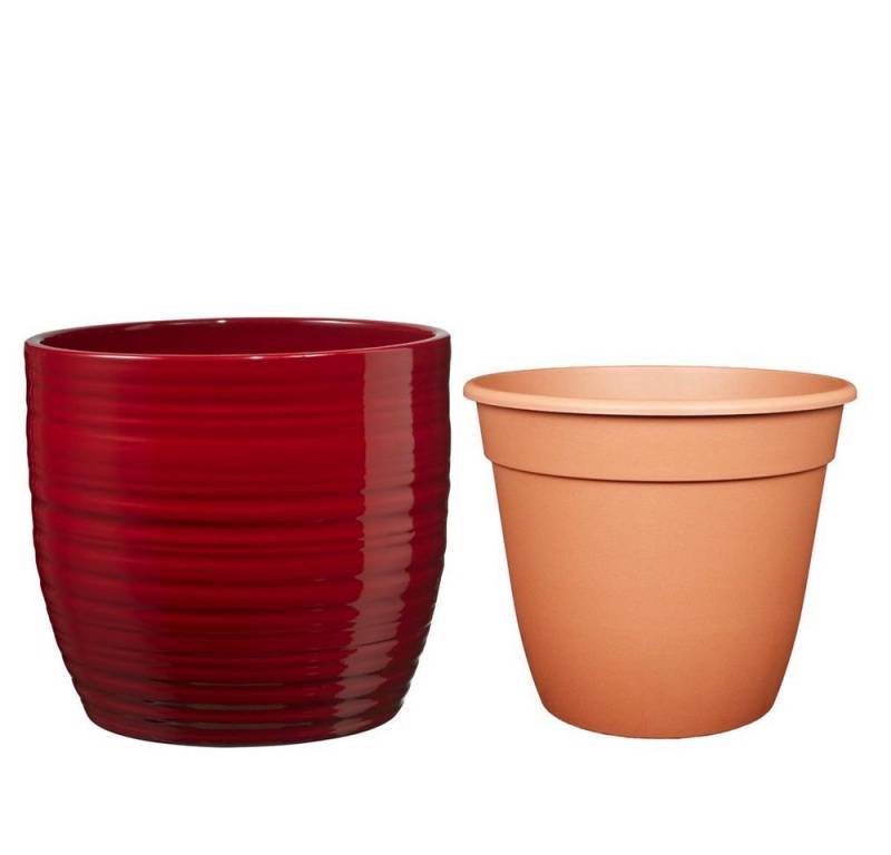 Heimwerkercenter Übertopf Set - Keramikübertopf Bergamo ø13 cm, bordeaux + Pflanztopf ø12 von Heimwerkercenter