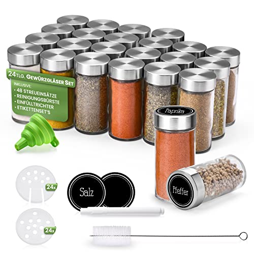 FRESHMASTER Gewürzgläser Spice Jars Set - 24 Stück 100 ml Premium Gewürzdosen mit Streueinsatz, Edelstahl Deckel mit Aroma Schutz, Einfülltrichter, Kreide Stift und Etiketten Set I Gewürzstreuer von Heimwert