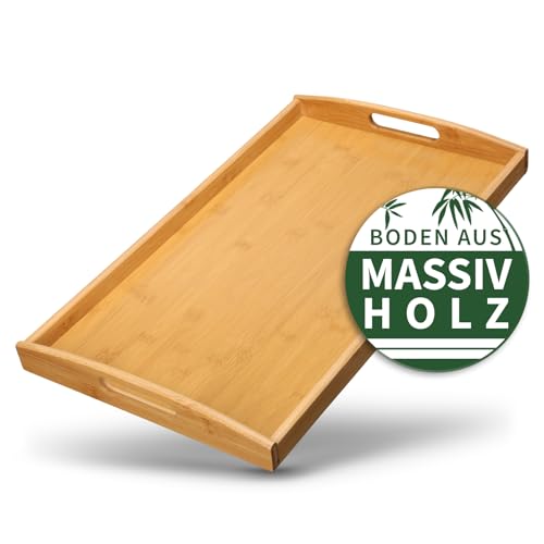 HEIMWERT Tablett Serviertablett Bambus Holz - besonders stabiles und leichtes Holztablett mit Griff - rechteckig Tablett Holz Serviertablett groß Serving Tray Küchen Deko Servierplatte (Natur) von Heimwert