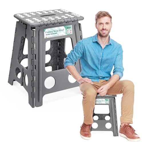 Heimwohl Tritthocker Klappbar 40 cm Grau, 2025 Upgrade: Klapphocker Faltbar mit 150 kg Tragfähigkeit, Falthocker mit Drehgriff, Ideal für Zuhause, Büro, Draußen, Aufstiegshilfe Pferd von Heimwohl