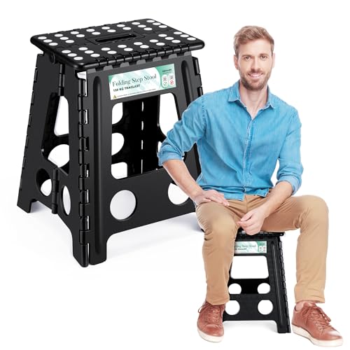 Heimwohl Tritthocker Klappbar 40cm Schwarz, 2025 Upgrade Klapphocker Faltbar mit 150kg Tragfähigkeit, Falthocker mit Sicherheitsverriegelung & Drehgriff, Ideal für Zuhause, Büro, Draußen, Pferdepflege von Heimwohl