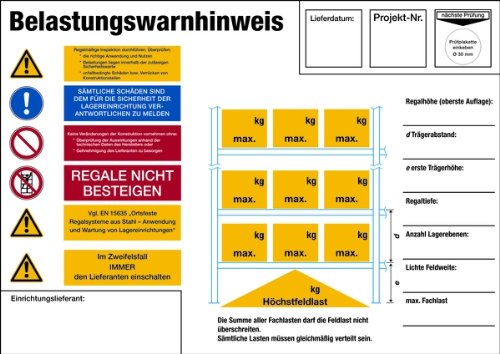 H.Klar Schild Alu Palettenregal Belastungswarnhinweis 297x420mm von Heinrich Klar GmbH & Co. KG