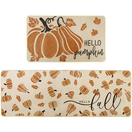 Heirloom Haven Hello Pumpkin Herbst-Küchenteppich, 2er-Set, Hello Fall Leaves Low-Profile, Urlaub, Heimdekoration, Küchenmatten für Zuhause, Küche, Boden, 43,2 x 73,2 cm und 43,2 x 129,2 cm Heirloom Haven Hello Pumpkin Herbst-Küchenteppich, 2er-Set, Hello Fall Leaves Low-Profile, Urlaub, Heimdekoration, Küchenmatten für Zuhause, Küche, Boden, 43,2 x 73,2 cm und 43,2 x 129,2 cm von Heirloom Haven