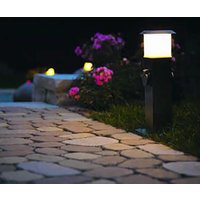 Stehleuchte mit Steckdosen Außenlampe Steckdosen Energieverteiler mit Beleuchtung, Edelstahl opal, 1x led 1,1W 90Lm warmweiß, LxBxH 15,5x15x40 cm von Heitronic