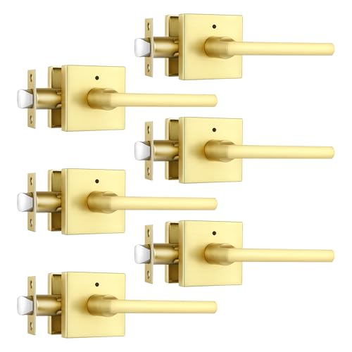 Heittis 6 Stück Türknäufe Innengriff Set in satiniertem Messing Finish, Sichtschutz Schlafzimmer Badezimmer Türhebel-Set ohne Schlüssel, Gold Türgriffe von Heittis