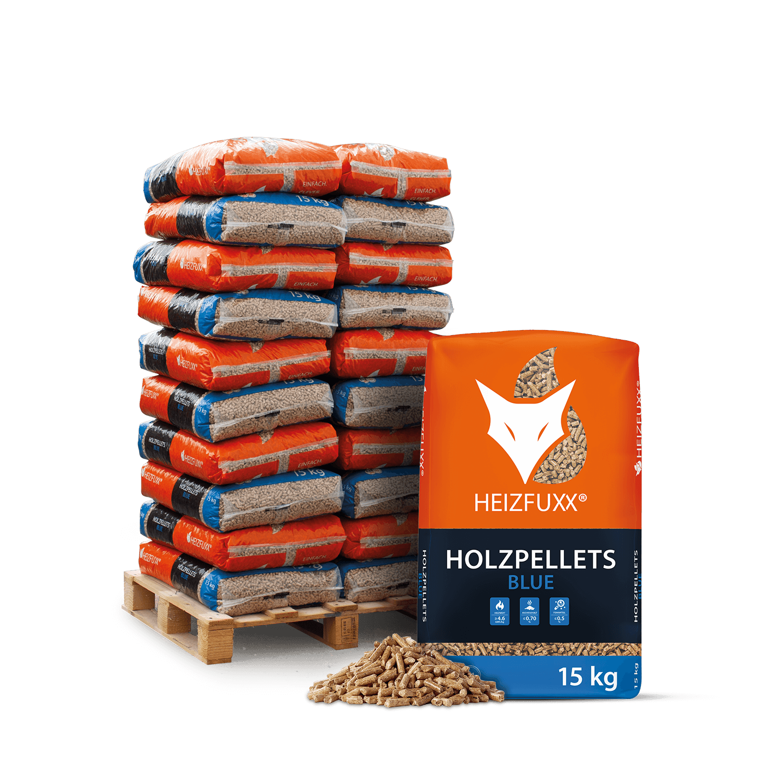 Heizfuxx Holzpellets Blue 15kg x 20 Sack 300kg Palette von Heizfuxx