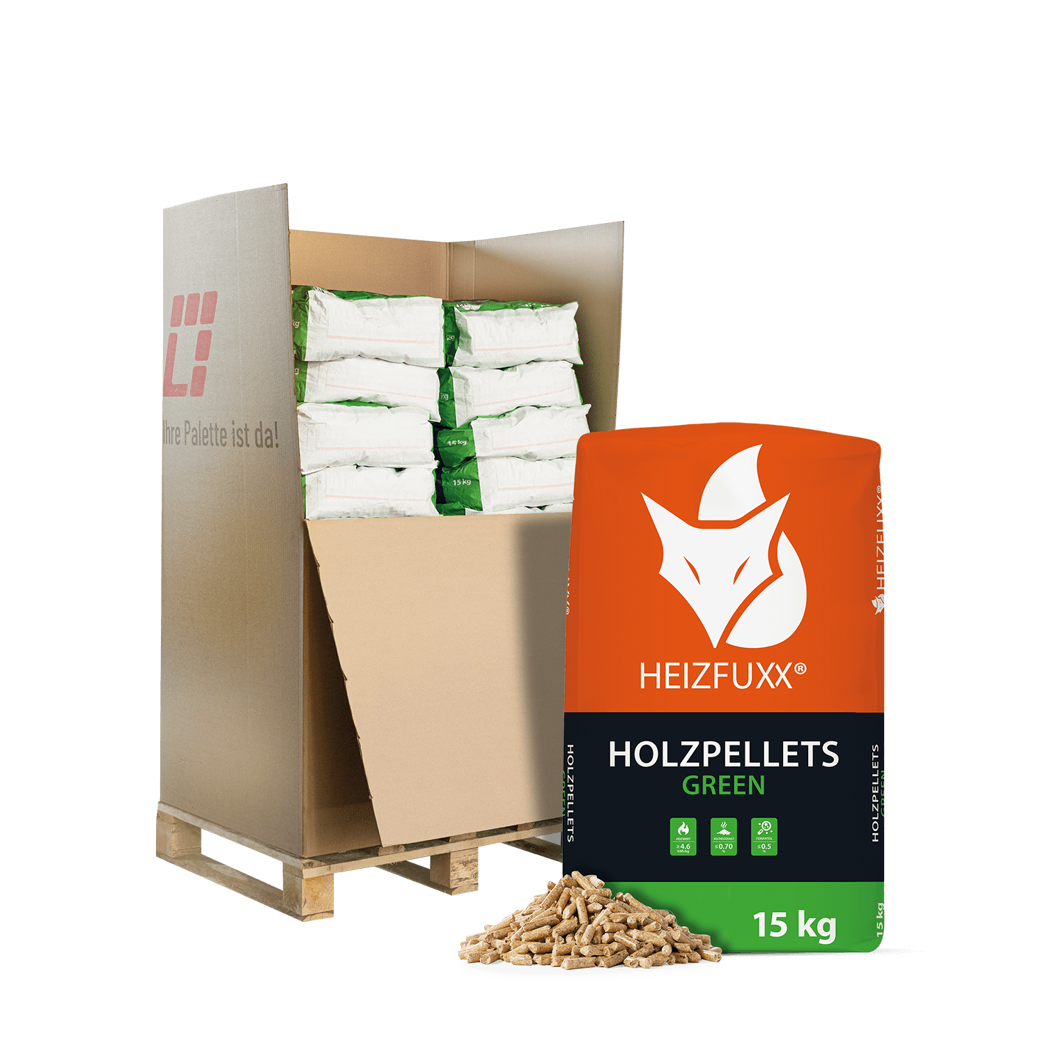 Heizfuxx Holzpellets Green 15kg x 20 Sack 300kg Palette von Heizfuxx