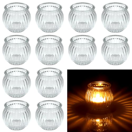 Hejo 12 Stück Teelichthalter Glas Durchsichtig, Kürbis Teelichtgläser, Kleine Kerzengläser, Mehrweg Teelichter Gläser, Vielseitige Kerzenhalter aus Glas für Weihnachten Ostern Halloween (Klar) von Hejo