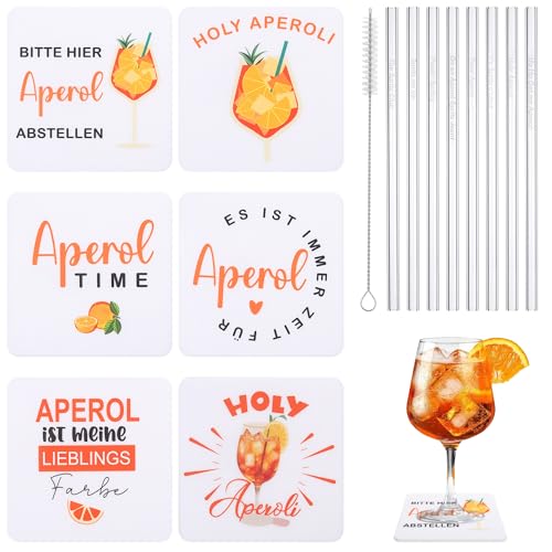 Hejo 14 Stück für Aperol Geschenk, 8 Untersetzer Filzuntersetzer und für Aperol Strohhalme Glas 6, für Aperol Spritz Geschenkset Personalisiert Getränkeuntersetzer mit Sprüchen für Tischdekoration von Hejo