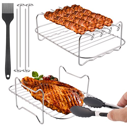 Hejo 2 Stück Heißluftfritteuse Grillrost Kompatibel für Dual Zone Heißluftfritteuse AF300EU/ AF400EU mit 4 Grillstäbchen + 1 Ölbürste und 1 Lebensmittel-Clips von Hejo