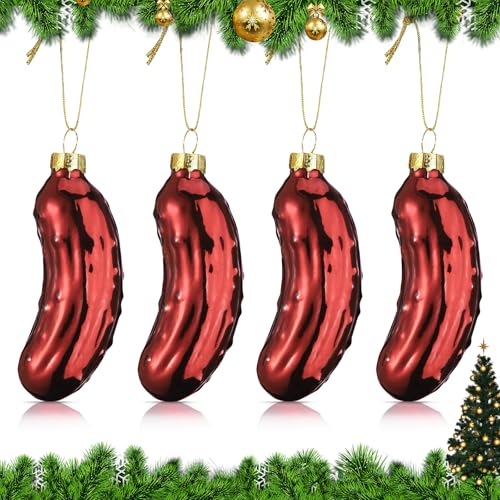 Hejo 4 Stück Weihnachtsgurke Christbaumschmuck Rot, Gurke Weihnachtsschmuck aus Glas, Mehrweg Baumschmuck Tannenbaum Christbaum Gurken Klein, Weihnachtskugeln Gurke für Weihnachtsdeko Eventdeko (Rot) von Hejo