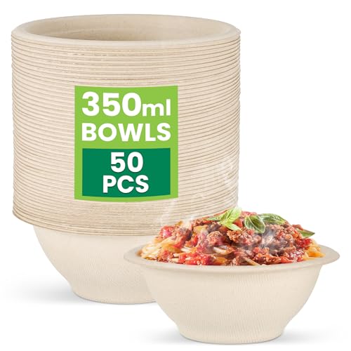 Hejo 50 Stück Pappschalen, 350 ml Suppenschalen, Geschirr Schalen Kompostierbar, Braun Pappschüssel aus Zuckerrohr Zellstoff für Party, Picknick von Hejo