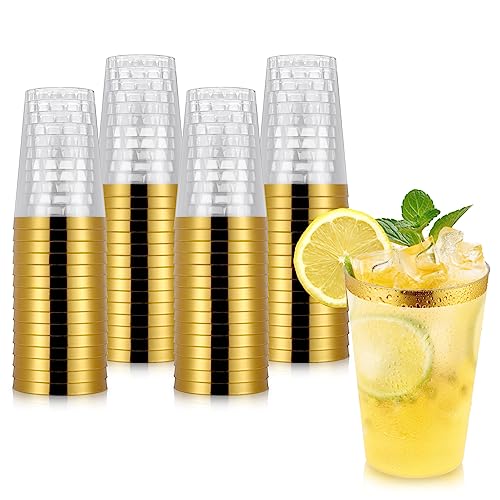 Hejo 60 Stück Plastikbecher, 360ml Kunststoff Becher, Wiederverwendbarer Partybecher, Trinkbecher, Weingläser mit goldem Rand für Cocktail, Champagner, Bier, Getränk, Dessert (Gold) von Hejo