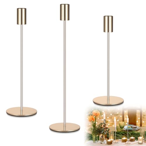 Hejo Kerzenständer Gold, 3 Stück Metall Kerzenhalter 32/27/22cm, Vintage Dekor Stabkerzen Halter für Hochzeiten, Geburtstage, Tischdekorationen, Romantisches Candle Light Dinner von Hejo
