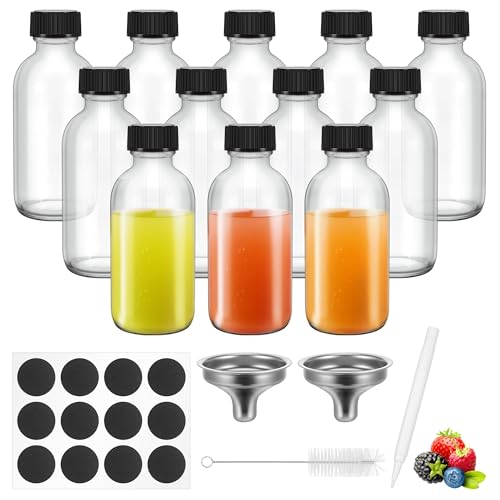 Hejo Kleine Shot Flaschen zum befüllen, 12 Stück Dicke Kleine Glasflaschen mit Trichter und Bürsten, 60ml Ingwer Schnapsflaschen, Mehrweg Schmal Mund Mini Shot Gläser mit Deckel für Saft Ingwer Shot von Hejo