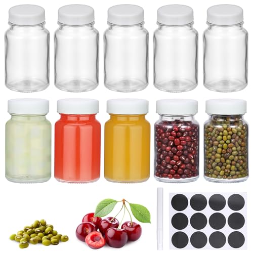 Hejo Kleine Shot Flaschen zum befüllen, 60ml Kleine Glasflaschen, Dicke Ingwer Schnapsflaschen, Mehrweg Breiter Mund Mini Shotgläser mit Deckel für Saft Smoothie Ingwer Shot(10 Stück, Weißer Deckel) von Hejo