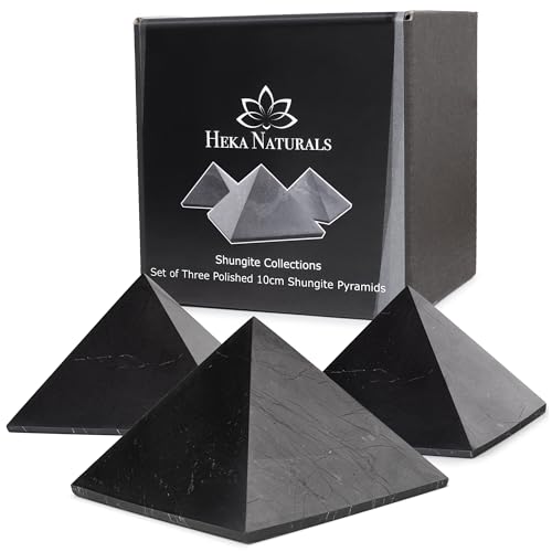Heka Naturals Polierte Shungit Pyramide Kristall 3er-Set | 10 cm - Schwarze Mineralsteine für Dekoration & Meditation - Wohnzimmerkristalle - Natürliche Barriere & Reiniger - Fullerene von Heka Naturals