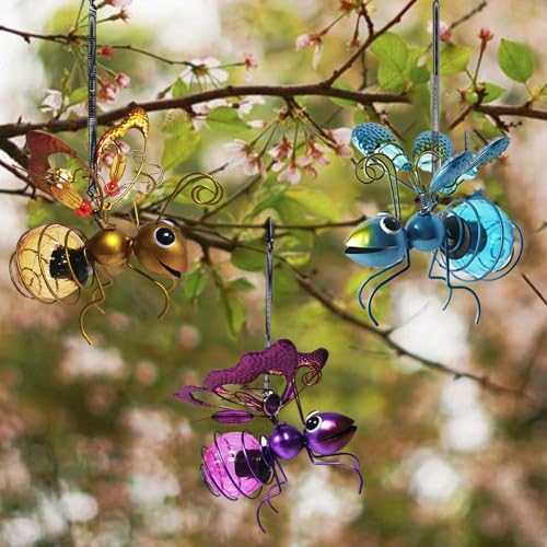 Biene Schmetterling Garten Deko mit Solar Laterne für Außen Gartendeko mit Wetterfest LED Solarlampe, Metall Dekoration Gartenfigur für Innen Draußen Hof und Balkon Garten (3 Stück) von Hekasvm