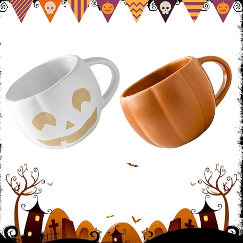 Halloween Kürbis Tasse, 400 ml Kürbis Geister Deko Keramik Kaffeetasse, Niedlich Pumpkin Mug, Kuhmilch Suppentasse, Herbst Tasse, Kürbis Teetasse Für Halloween Erntedankfest (D + E) von Hekasvm