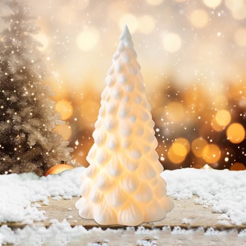 Hekasvm Keramik Weihnachtsbaum Mit LED Beleuchtung White Ceramic Christmas Tree Battery Operated Warmes Gelbes Licht Tischdekoration Für Weihnachtsschmuck Innen (E) von Hekasvm