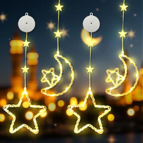 Hekasvm Ramadan Deko Lichter, LED Fenster Deko Beleuchtung mit Saugnäpfe und Timer, 8 Modi Batteriebetrieben Warmweiß Fensterbeleuchtung Mond und Sterne Für Party Hochzeit Ramadan Geschenke von Hekasvm