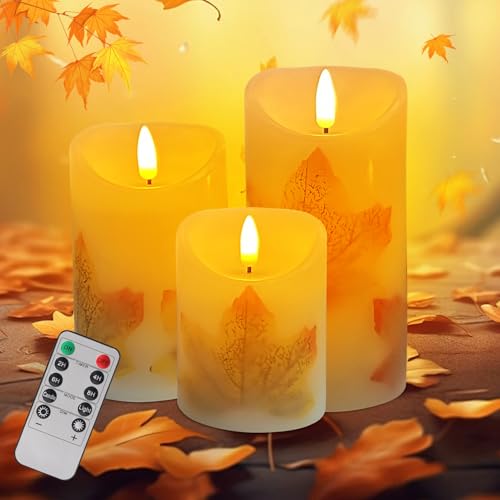 Herbstdeko LED-Kerzen, 3 Stück Wasserdicht Echtwachskerze, Flackernden Flammenlose mit Fernbedienung Timerfunktion, Elektrische Kerzen mit Ahornblatt, Stumpenkerze Deko (Kugeldocht) von Hekasvm