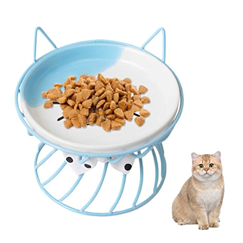 Katzennapf Erhöht Futternapf Katze Keramik, Katzennäpfe Mit Rutschfestem Metallständer, Katzenschüssel Anti Erbrechen, Flache Und Breite Katzenfutter Napf, Leichte Reinigung Katzen Napfset (Blau) von Hekasvm