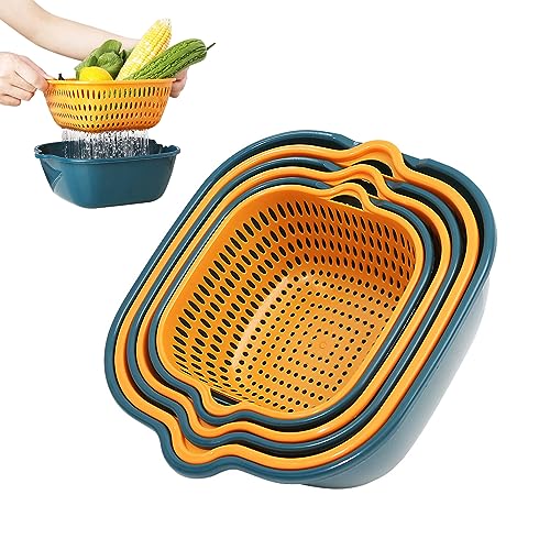 Seiher Sieb Küche, Doppelschicht Abtropfsieb Nudelsieb Set, Küchensieb Abwaschschüssel von Nudeln, Obst, Gemüse, Blau Gelb, 3 Größe (25+21+18cm) von Hekasvm